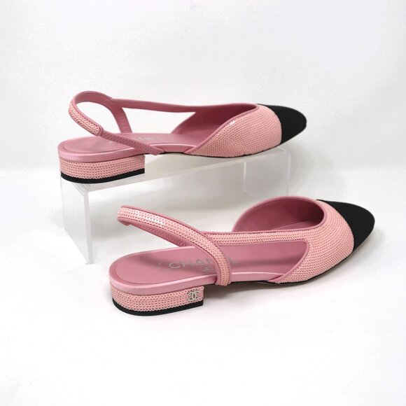 CHANEL 37.5 Pink Sequin Slingback 24P Interlocking CC Logo - Picture 5 of 14